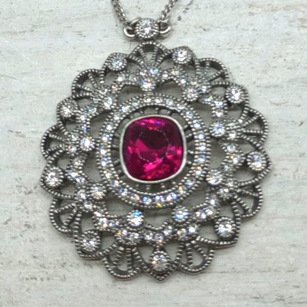 Givenchy magenta crystal silver filigree fixed pendant necklace, 16 inch length